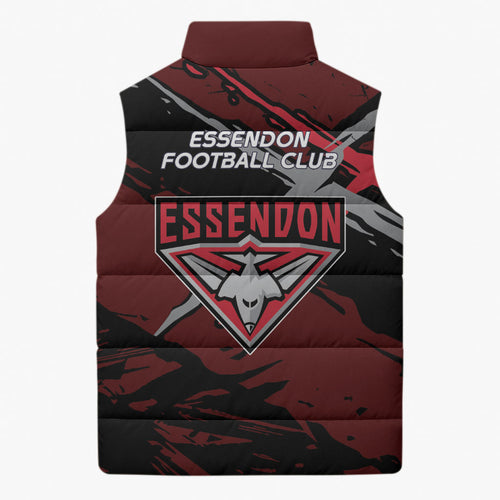 Essendon Football Club Sleeveless Puffer Jacket Bombers Muscular Mascot Graphic - Abstract Paint Splatter Art
