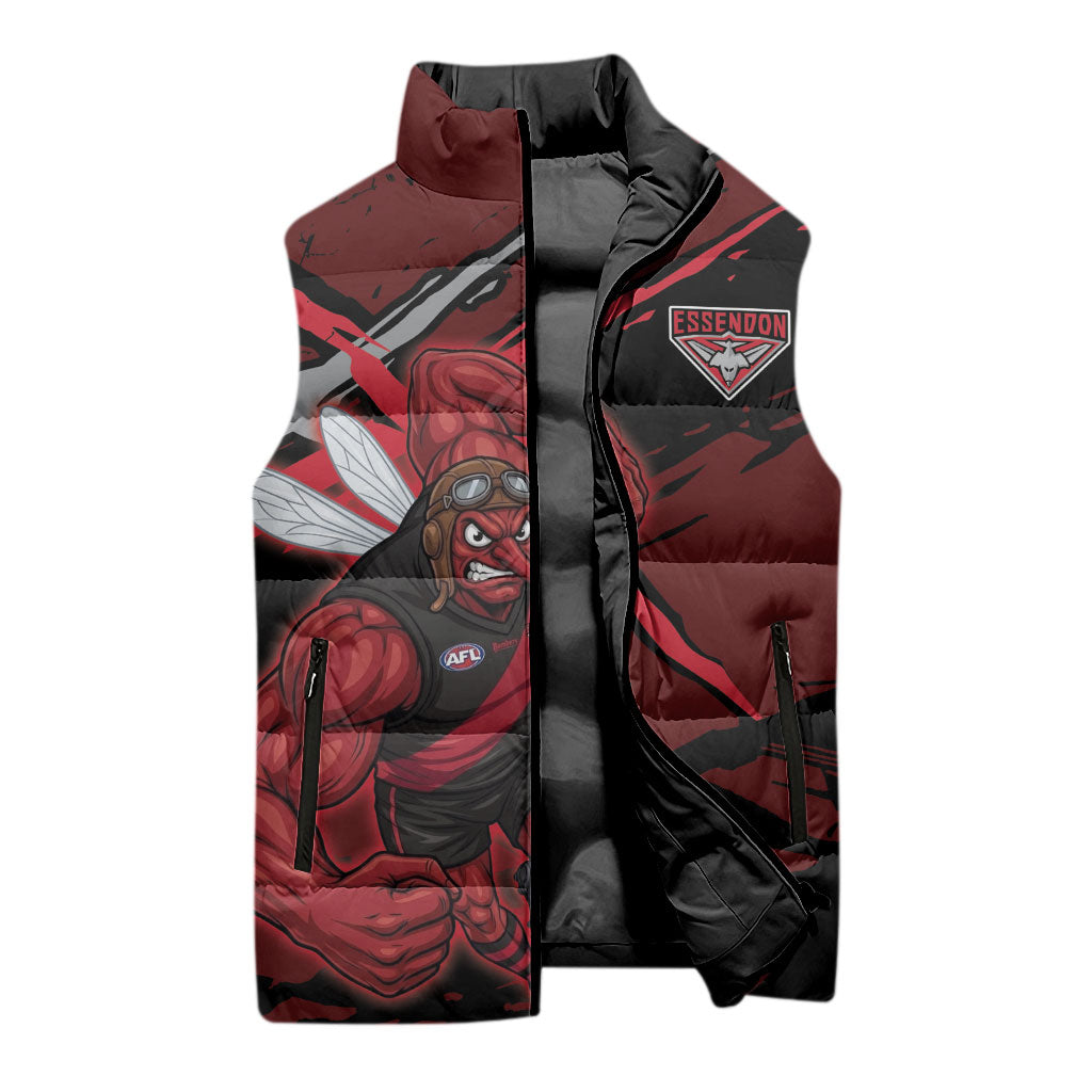 Essendon Football Club Sleeveless Puffer Jacket Bombers Muscular Mascot Graphic - Abstract Paint Splatter Art