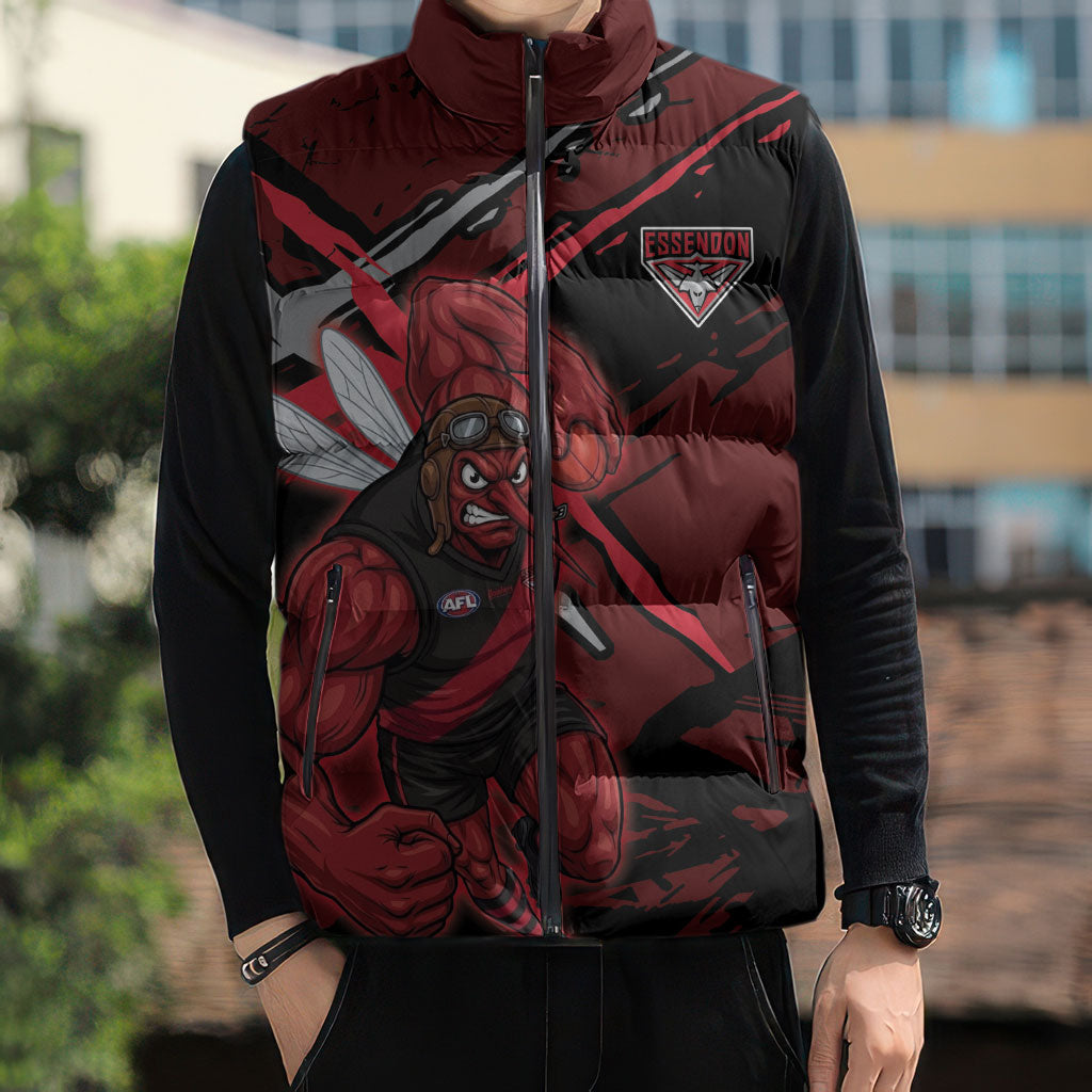 Essendon Football Club Sleeveless Puffer Jacket Bombers Muscular Mascot Graphic - Abstract Paint Splatter Art