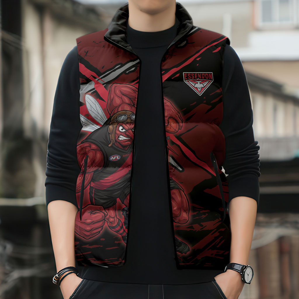 Essendon Football Club Sleeveless Puffer Jacket Bombers Muscular Mascot Graphic - Abstract Paint Splatter Art