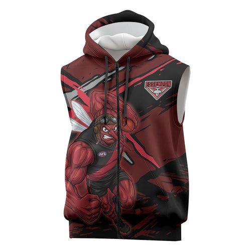 Essendon Football Club Sleeveless Zip Hoodie Bombers Muscular Mascot Graphic - Abstract Paint Splatter Art