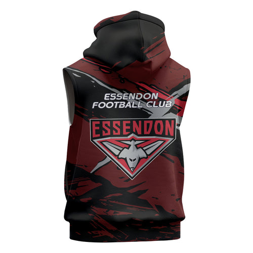 Essendon Football Club Sleeveless Zip Hoodie Bombers Muscular Mascot Graphic - Abstract Paint Splatter Art