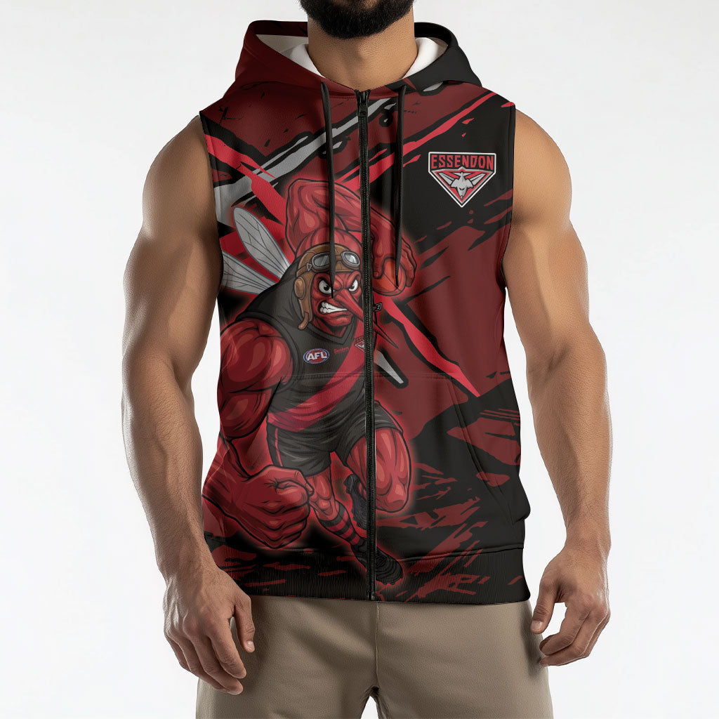 Essendon Football Club Sleeveless Zip Hoodie Bombers Muscular Mascot Graphic - Abstract Paint Splatter Art