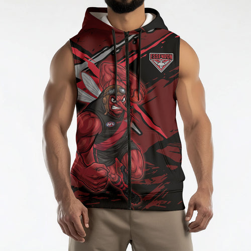 Essendon Football Club Sleeveless Zip Hoodie Bombers Muscular Mascot Graphic - Abstract Paint Splatter Art