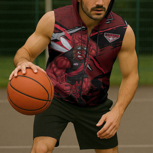 Essendon Football Club Sleeveless Zip Hoodie Bombers Muscular Mascot Graphic - Abstract Paint Splatter Art