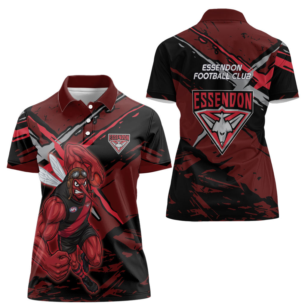 Essendon Football Club Women Polo Shirt Bombers Muscular Mascot Graphic - Abstract Paint Splatter Art