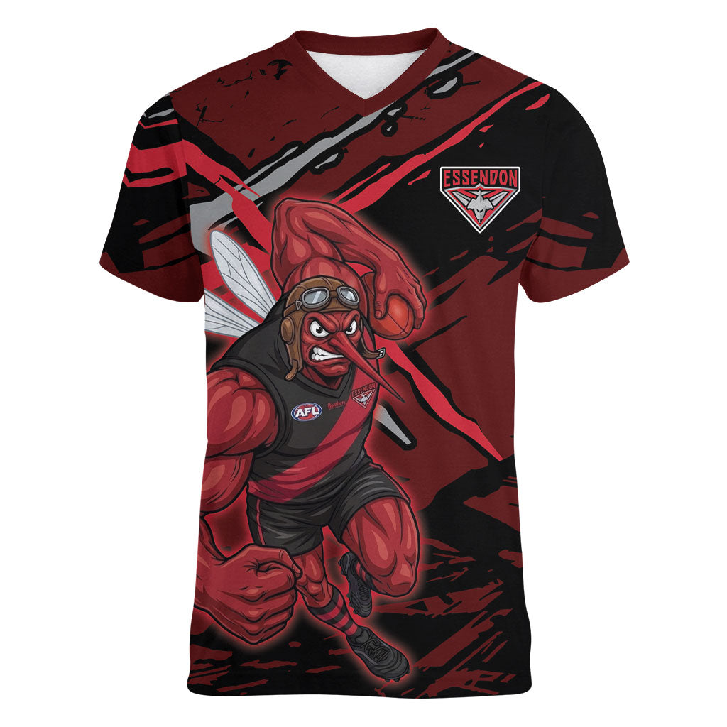 Essendon Football Club Women V-Neck T-Shirt Bombers Muscular Mascot Graphic - Abstract Paint Splatter Art