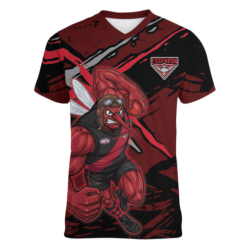 Essendon Football Club Women V-Neck T-Shirt Bombers Muscular Mascot Graphic - Abstract Paint Splatter Art