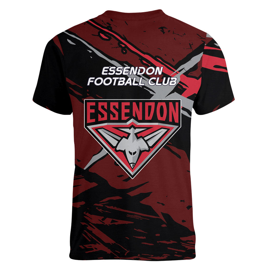 Essendon Football Club Women V-Neck T-Shirt Bombers Muscular Mascot Graphic - Abstract Paint Splatter Art