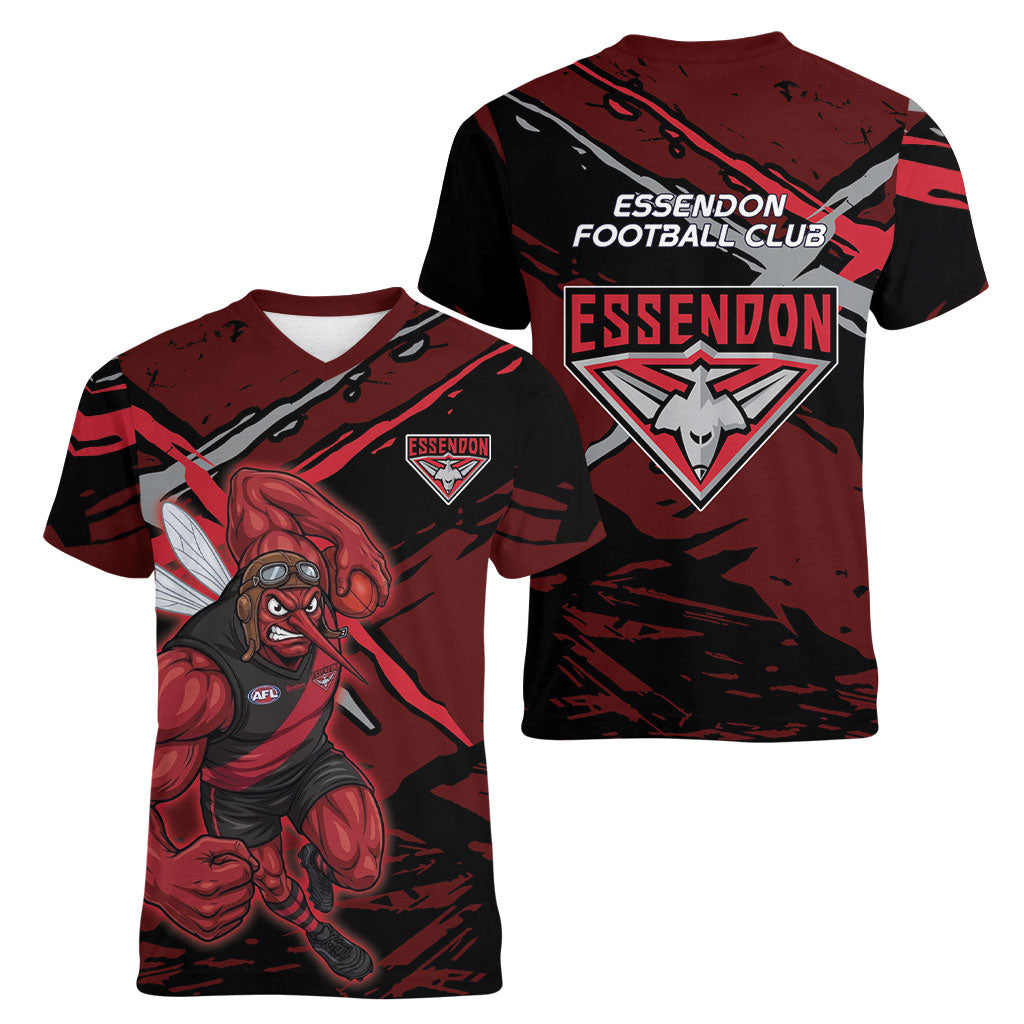 Essendon Football Club Women V-Neck T-Shirt Bombers Muscular Mascot Graphic - Abstract Paint Splatter Art