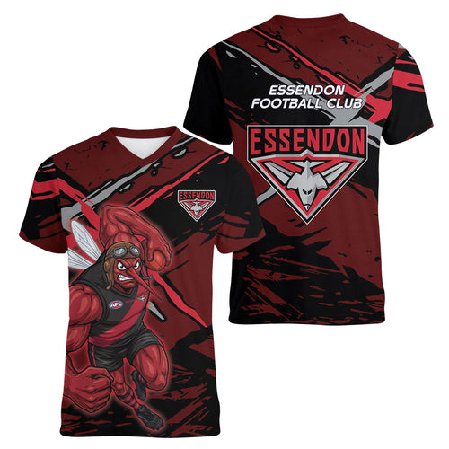 Essendon Football Club Women V-Neck T-Shirt Bombers Muscular Mascot Graphic - Abstract Paint Splatter Art