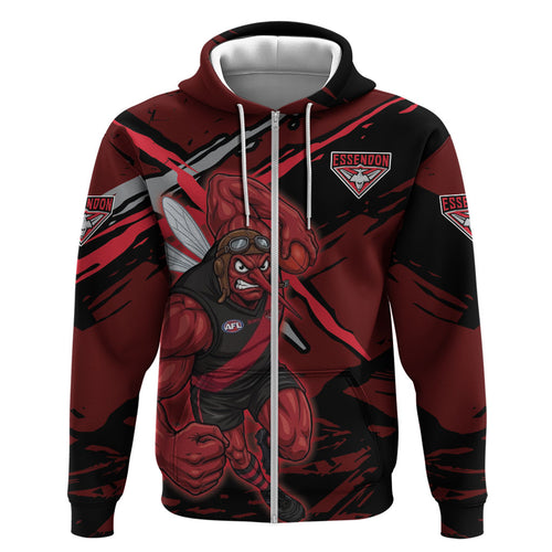 Essendon Football Club Zip Hoodie Bombers Muscular Mascot Graphic - Abstract Paint Splatter Art