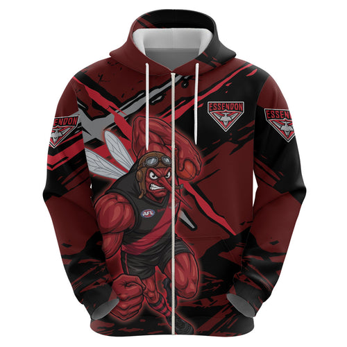 Essendon Football Club Zip Hoodie Bombers Muscular Mascot Graphic - Abstract Paint Splatter Art