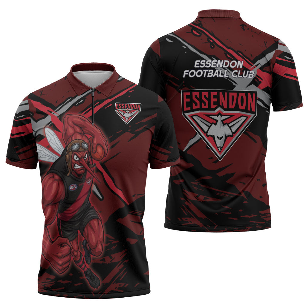 Essendon Football Club Zipper Polo Shirt Bombers Muscular Mascot Graphic - Abstract Paint Splatter Art