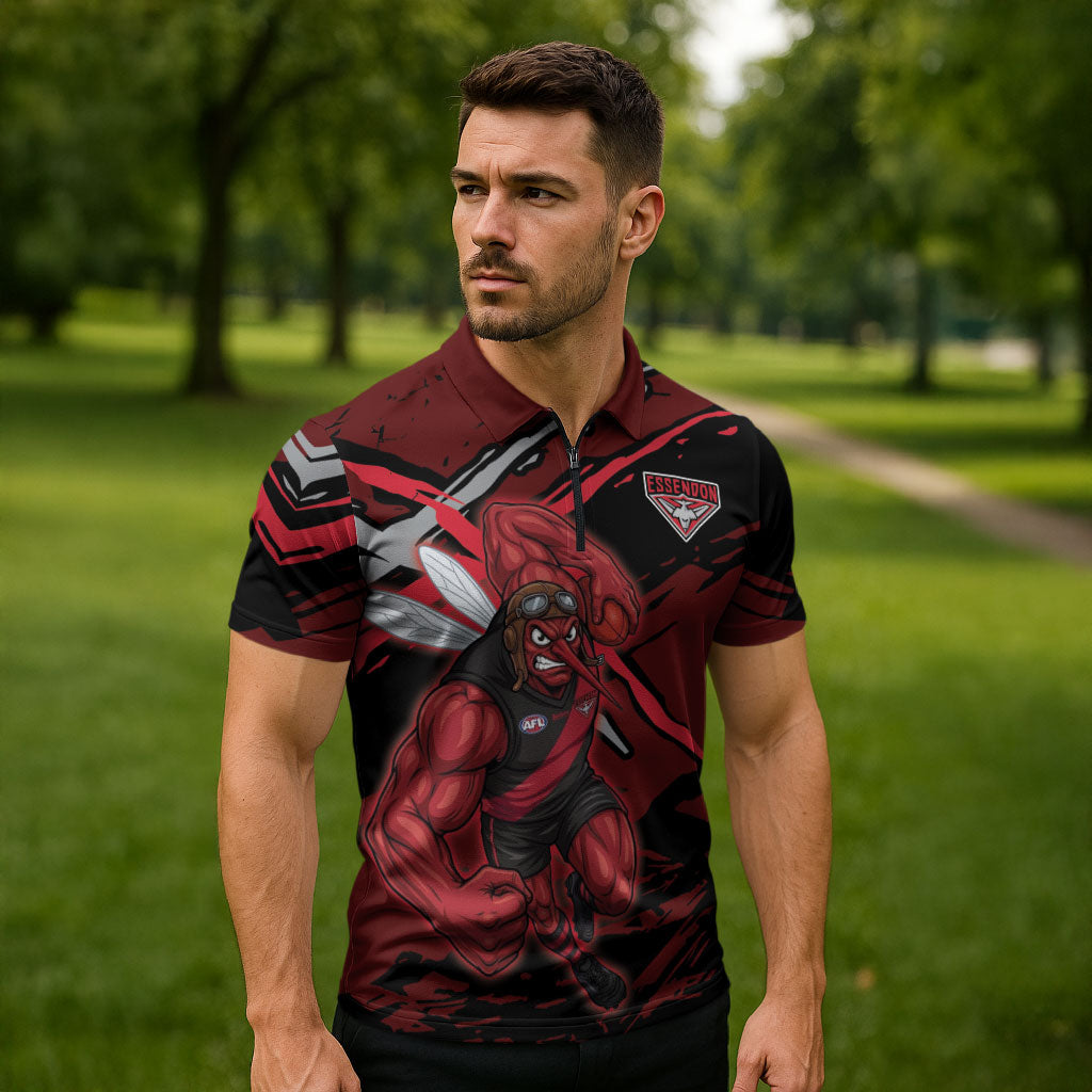 Essendon Football Club Zipper Polo Shirt Bombers Muscular Mascot Graphic - Abstract Paint Splatter Art
