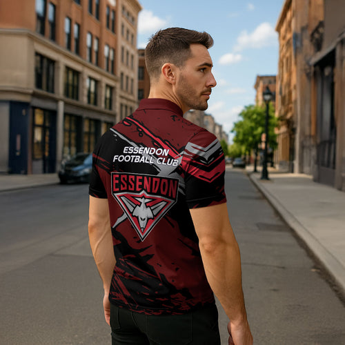 Essendon Football Club Zipper Polo Shirt Bombers Muscular Mascot Graphic - Abstract Paint Splatter Art