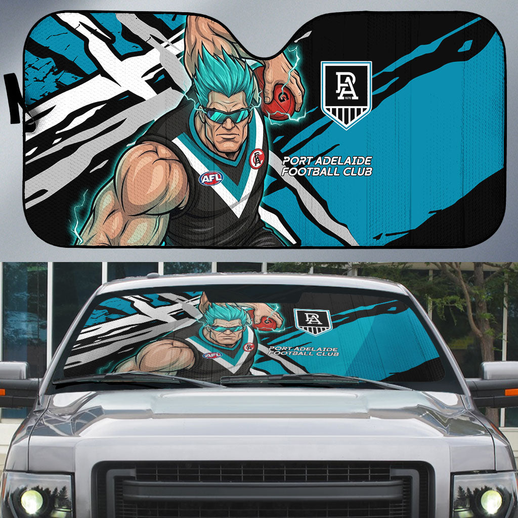 Port Adelaide Football Club Auto Sun Shade Power Muscular Mascot Graphic - Abstract Paint Splatter Art