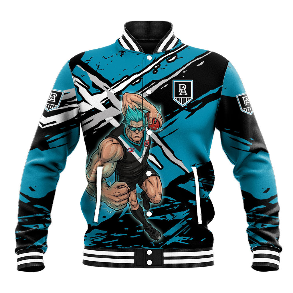 Port Adelaide Football Club Baseball Jacket Power Muscular Mascot Graphic - Abstract Paint Splatter Art