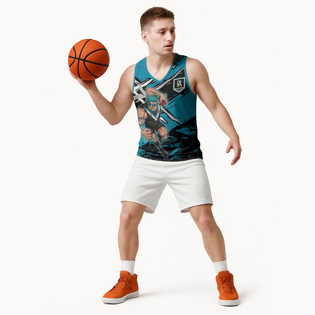 Port Adelaide Football Club Basketball Jersey Power Muscular Mascot Graphic - Abstract Paint Splatter Art
