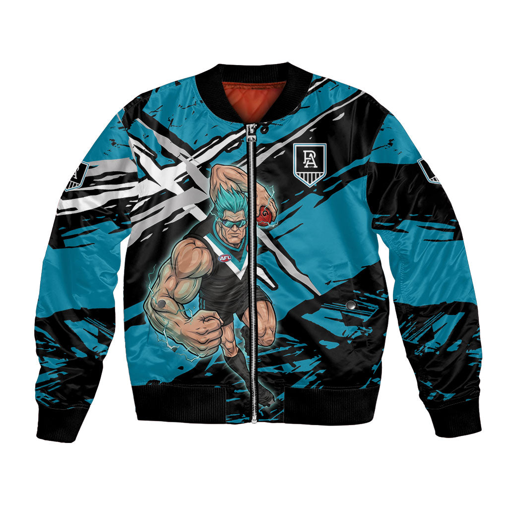 Port Adelaide Football Club Bomber Jacket Power Muscular Mascot Graphic - Abstract Paint Splatter Art