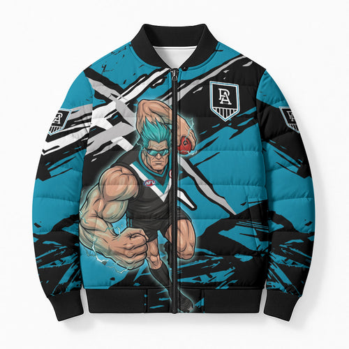 Port Adelaide Football Club Bomber Puffer Jacket Power Muscular Mascot Graphic - Abstract Paint Splatter Art