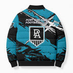Port Adelaide Football Club Bomber Puffer Jacket Power Muscular Mascot Graphic - Abstract Paint Splatter Art