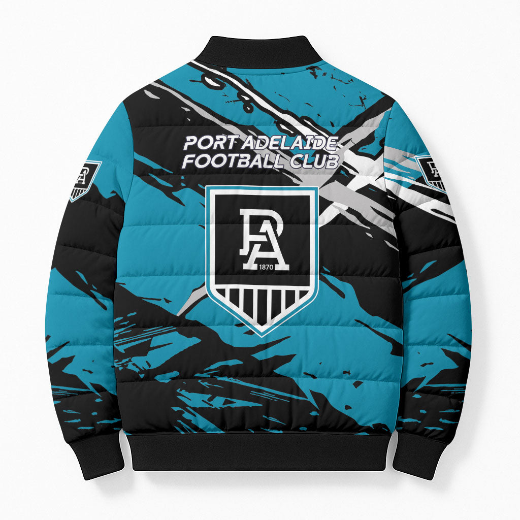 Port Adelaide Football Club Bomber Puffer Jacket Power Muscular Mascot Graphic - Abstract Paint Splatter Art