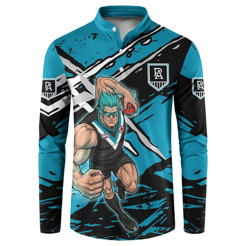 Port Adelaide Football Club Button Sweatshirt Power Muscular Mascot Graphic - Abstract Paint Splatter Art
