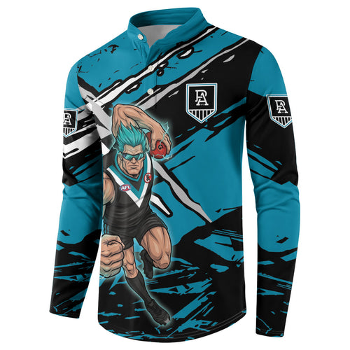 Port Adelaide Football Club Button Sweatshirt Power Muscular Mascot Graphic - Abstract Paint Splatter Art