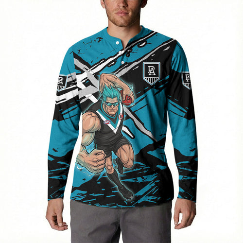 Port Adelaide Football Club Button Sweatshirt Power Muscular Mascot Graphic - Abstract Paint Splatter Art