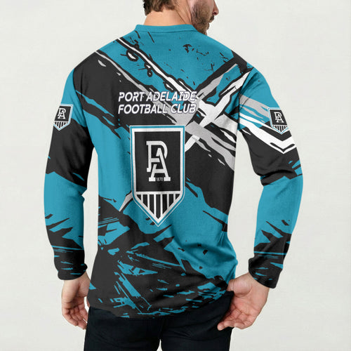 Port Adelaide Football Club Button Sweatshirt Power Muscular Mascot Graphic - Abstract Paint Splatter Art