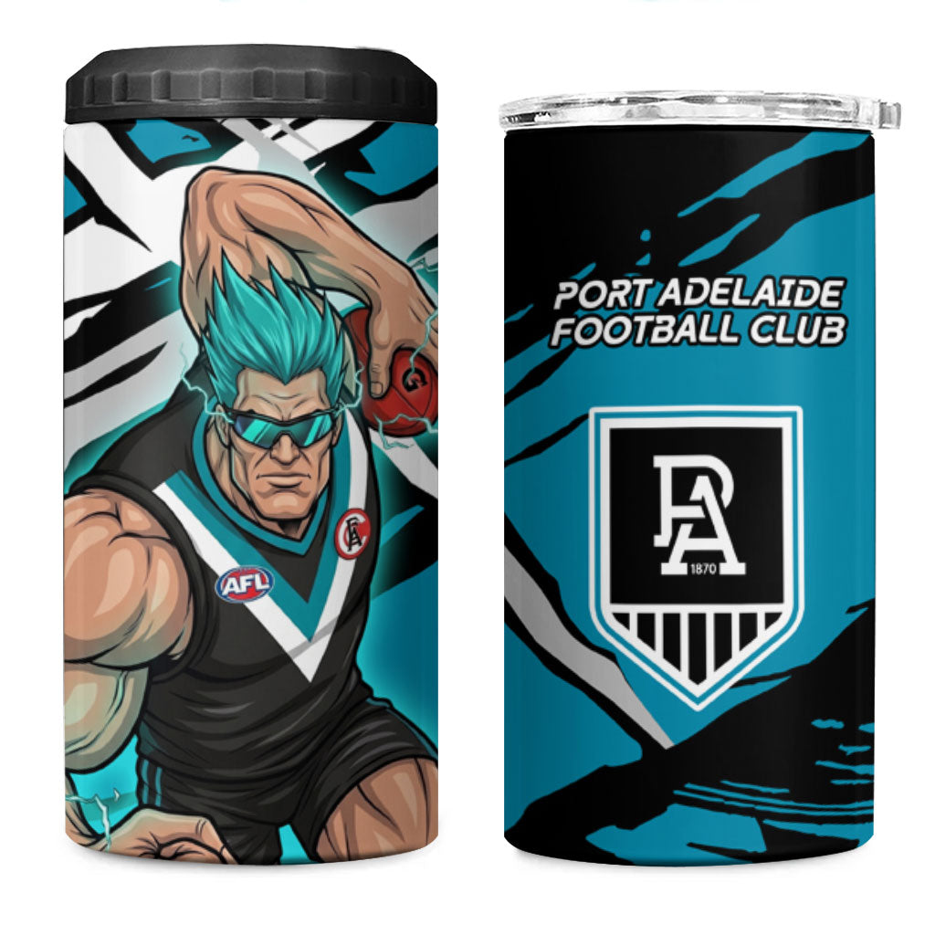 Port Adelaide Football Club 4 in 1 Can Cooler Tumbler Power Muscular Mascot Graphic - Abstract Paint Splatter Art