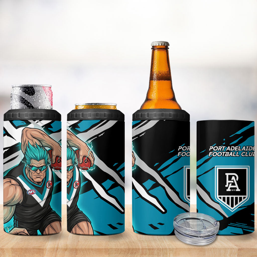 Port Adelaide Football Club 4 in 1 Can Cooler Tumbler Power Muscular Mascot Graphic - Abstract Paint Splatter Art