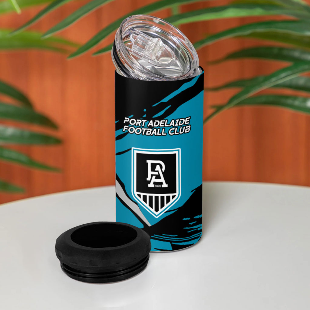 Port Adelaide Football Club 4 in 1 Can Cooler Tumbler Power Muscular Mascot Graphic - Abstract Paint Splatter Art