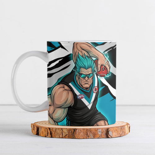 Port Adelaide Football Club Ceramic Mug Power Muscular Mascot Graphic - Abstract Paint Splatter Art