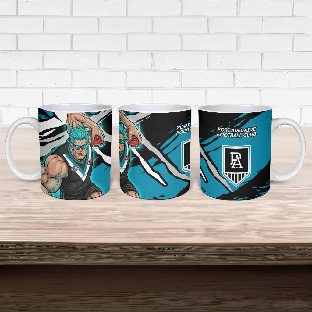 Port Adelaide Football Club Ceramic Mug Power Muscular Mascot Graphic - Abstract Paint Splatter Art