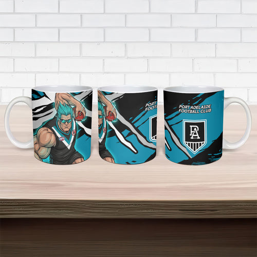 Port Adelaide Football Club Ceramic Mug Power Muscular Mascot Graphic - Abstract Paint Splatter Art