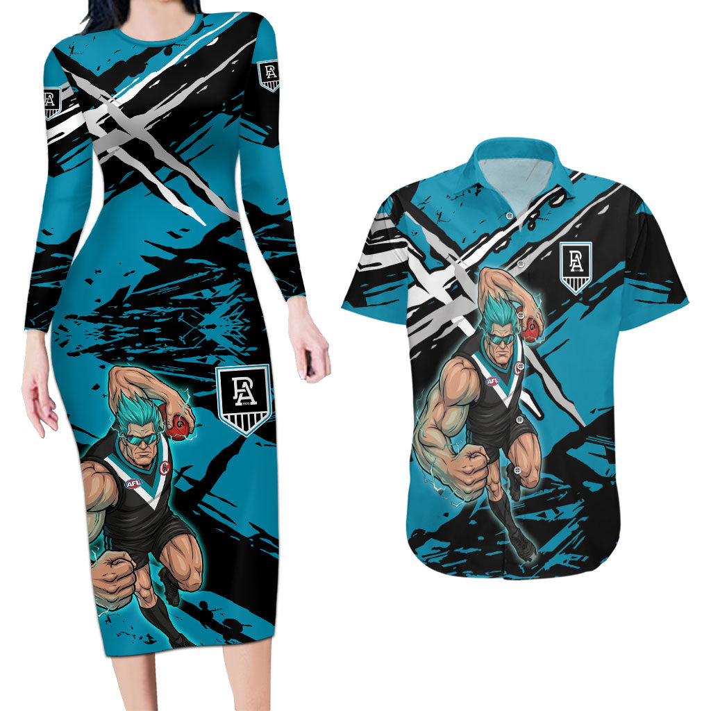 Port Adelaide Football Club Couples Matching Long Sleeve Bodycon Dress and Hawaiian Shirt Power Muscular Mascot Graphic - Abstract Paint Splatter Art