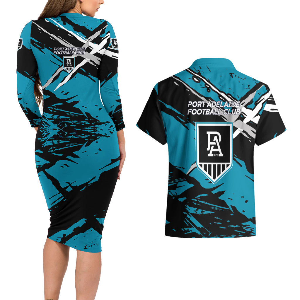 Port Adelaide Football Club Couples Matching Long Sleeve Bodycon Dress and Hawaiian Shirt Power Muscular Mascot Graphic - Abstract Paint Splatter Art