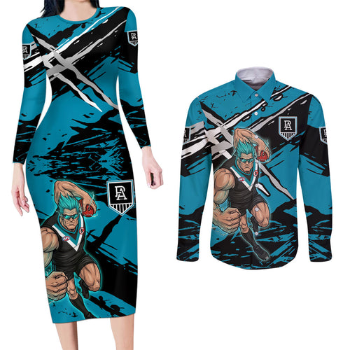 Port Adelaide Football Club Couples Matching Long Sleeve Bodycon Dress and Long Sleeve Button Shirt Power Muscular Mascot Graphic - Abstract Paint Splatter Art