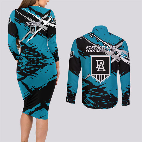 Port Adelaide Football Club Couples Matching Long Sleeve Bodycon Dress and Long Sleeve Button Shirt Power Muscular Mascot Graphic - Abstract Paint Splatter Art