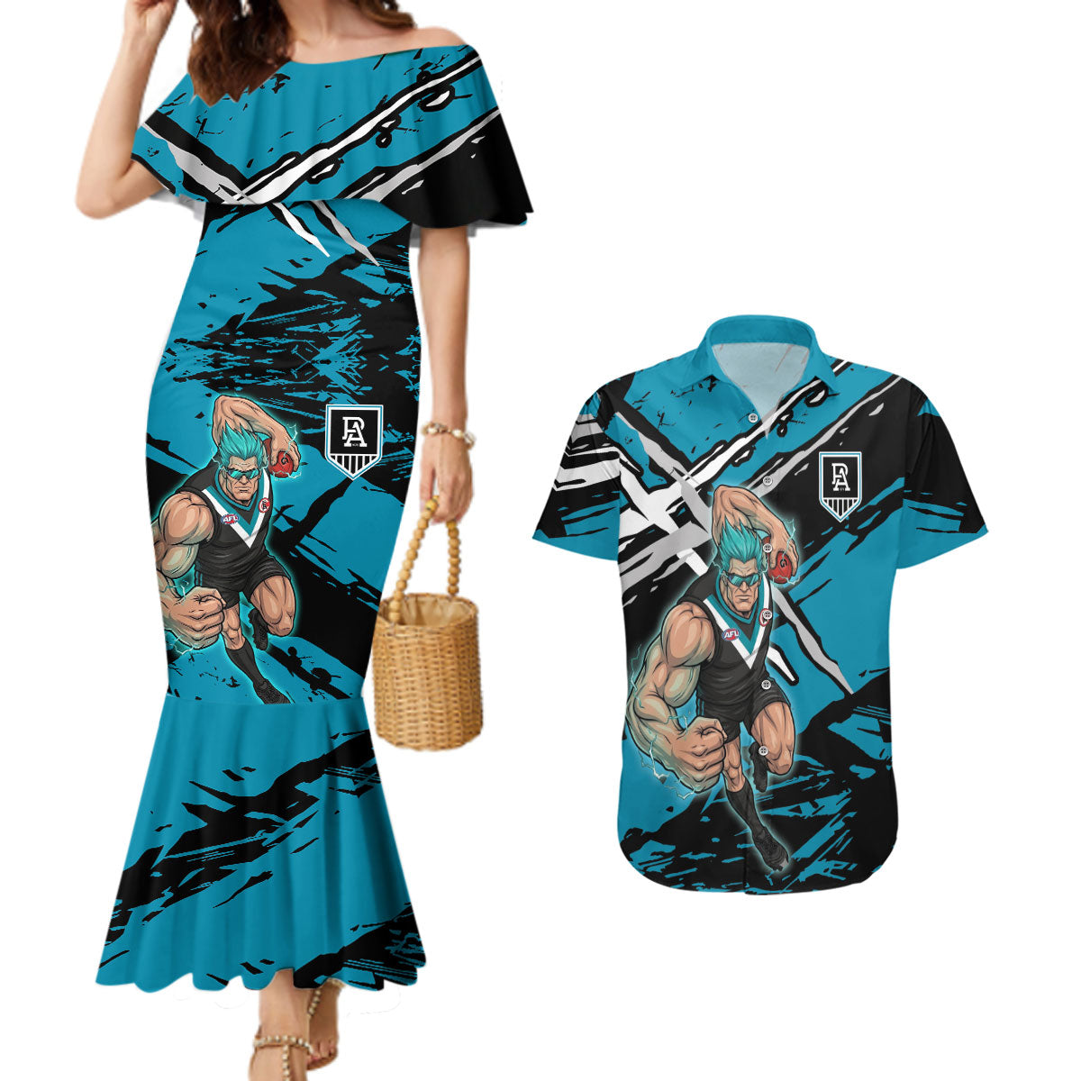 Port Adelaide Football Club Couples Matching Mermaid Dress and Hawaiian Shirt Power Muscular Mascot Graphic - Abstract Paint Splatter Art