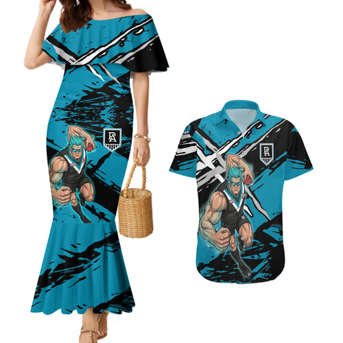 Port Adelaide Football Club Couples Matching Mermaid Dress and Hawaiian Shirt Power Muscular Mascot Graphic - Abstract Paint Splatter Art