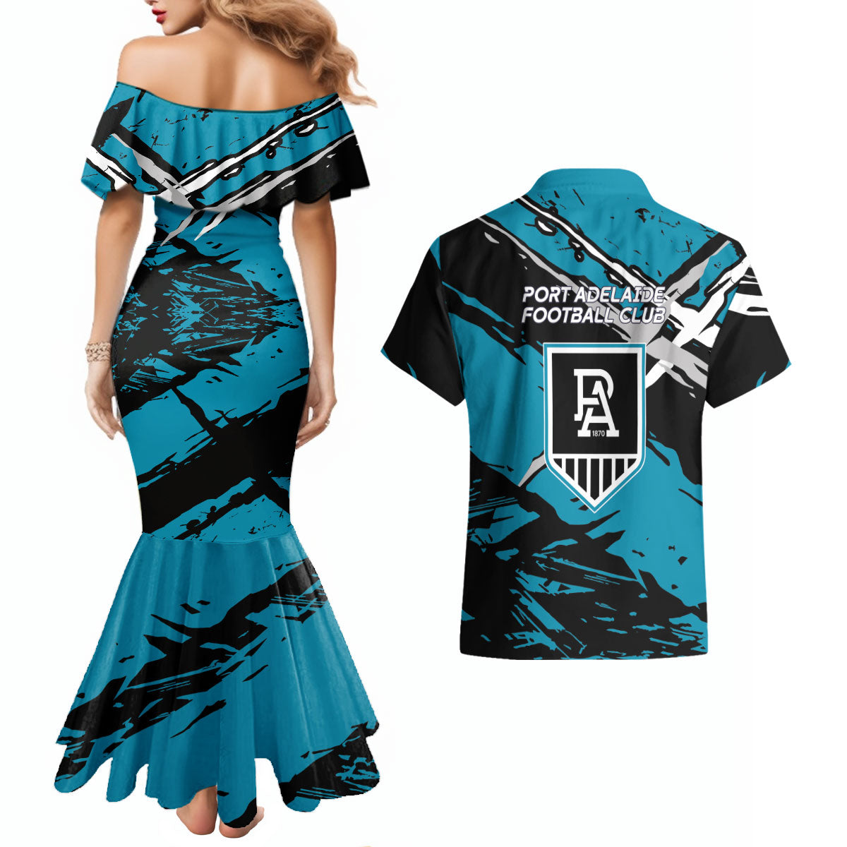 Port Adelaide Football Club Couples Matching Mermaid Dress and Hawaiian Shirt Power Muscular Mascot Graphic - Abstract Paint Splatter Art