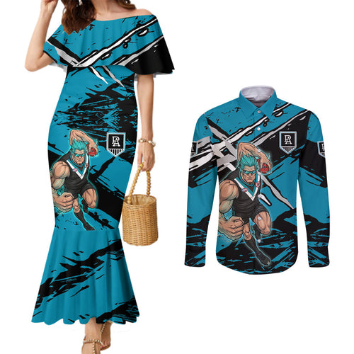 Port Adelaide Football Club Couples Matching Mermaid Dress and Long Sleeve Button Shirt Power Muscular Mascot Graphic - Abstract Paint Splatter Art