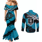 Port Adelaide Football Club Couples Matching Mermaid Dress and Long Sleeve Button Shirt Power Muscular Mascot Graphic - Abstract Paint Splatter Art