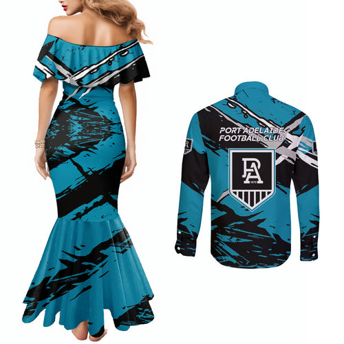 Port Adelaide Football Club Couples Matching Mermaid Dress and Long Sleeve Button Shirt Power Muscular Mascot Graphic - Abstract Paint Splatter Art
