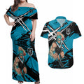 Port Adelaide Football Club Couples Matching Off Shoulder Maxi Dress and Hawaiian Shirt Power Muscular Mascot Graphic - Abstract Paint Splatter Art