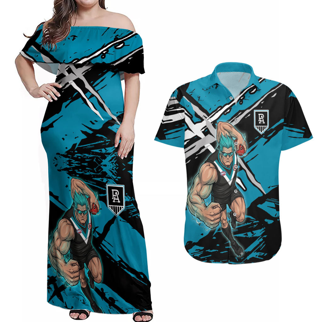 Port Adelaide Football Club Couples Matching Off Shoulder Maxi Dress and Hawaiian Shirt Power Muscular Mascot Graphic - Abstract Paint Splatter Art