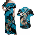 Port Adelaide Football Club Couples Matching Off Shoulder Maxi Dress and Hawaiian Shirt Power Muscular Mascot Graphic - Abstract Paint Splatter Art